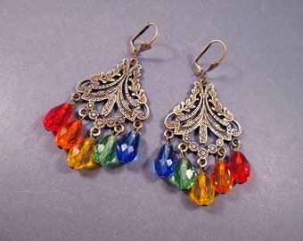 Chandelier Earrings, Rainbow Glass Teardrops, Brass Dangle Earrings, FREE Shipping