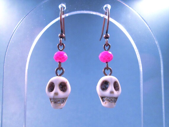 Skull Earrings, White Stone Skulls and Hot Pink Glass Beads, Copper Dangle Earrings, FREE Shipping U.S.