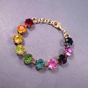 Rhinestone Bracelet, Rainbow Glass Stones, Gold Chain Link Bracelet, FREE Shipping