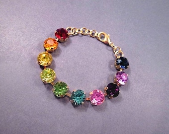 Rhinestone Bracelet, Rainbow Glass Stones, Gold Chain Link Bracelet, FREE Shipping