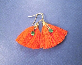 Tassel Earrings, Orange Cotton and Green Glass Rhinestones, Gold Dangle Earrings, FREE Shipping