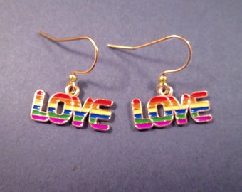 Rainbow LOVE Earrings, Colorful Enameled Charms, Gold Dangle Earrings, FREE Shipping