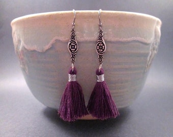 Cotton Tassel Earrings, Plum Purple and Antiqued Silver Dangle Earrings, FREE Shipping