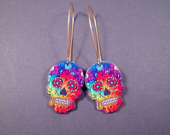 Sugar Skull Earrings, Rainbow Acrylic Pendants, Long Gold Dangle Hoop Earrings, FREE Shipping