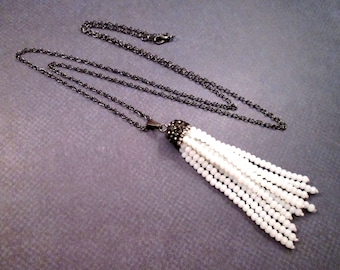 Tassel Necklace, White Glass Beaded Tassel and Pave Pendant Necklace, Gunmetal Silver Chain Necklace, FREE Shipping