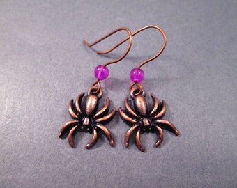 Spider Earrings, Violet Glass Beaded, Antiqued Copper Dangle Earrings, FREE Shipping