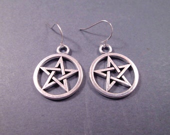 Pentagram Earrings, Symbol of Protection, Silver Dangle Earrings, FREE Shipping