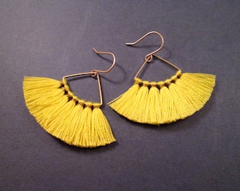 Fan Tassel Earrings, Bright Yellow Cotton, Raw brass and Gold Dangle Earrings, FREE Shipping