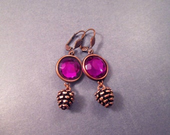 Pine Cone Earrings, Purple Resin Rhinestones, Copper Dangle Earrings, FREE Shipping