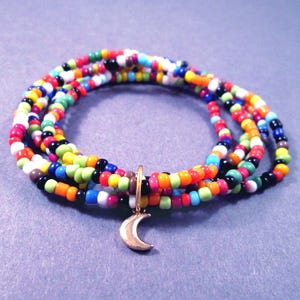 Set of 5 Rainbow Glass Seed Beaded Stretch Bracelets, Gold Crescent Moon Charm Bracelet, Stacking Bracelets, FREE Shipping