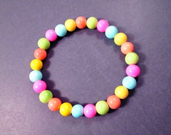 Neon Rainbow Bracelet, Glass Bead Beaded Bracelet, Stretch Bracelet, Stacking Bracelet, FREE Shipping