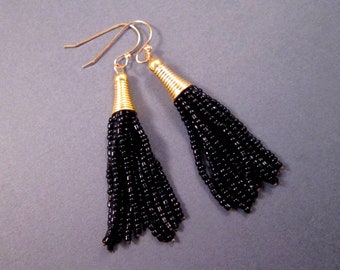 Tassel Earrings, Black Glass Beaded Earrings, Gold Dangle Earrings, FREE Shipping