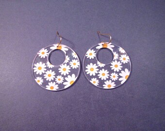 Mod Daisy Loop Earrings, Clear Acrylic with White and Yellow Flowers, Gold Dangle Earrings, FREE Shipping