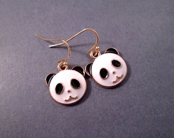 PANDA Earrings, Black and White Enamel Lacquer, Gold Dangle Earrings, FREE Shipping