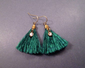 Tassel Earrings, Forest Green Rayon and White Glass Rhinestones, Brass Dangle Earrings, FREE Shipping