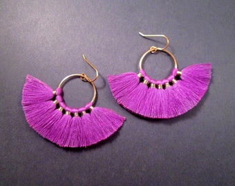 Cotton Tassel Earrings, Larger Size Violet Purple Fan Earrings, Gold Dangle Earrings, FREE Shipping