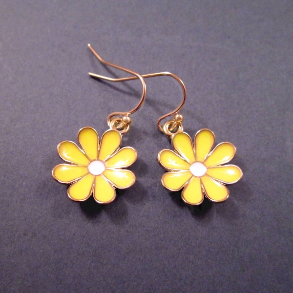 Daisy Earrings, Yellow and White Enamel Lacquer, Gold Dangle Earrings, FREE Shipping