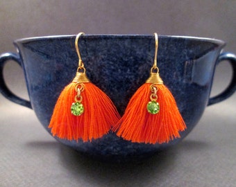 Tassel Earrings, Orange Cotton and Green Glass Rhinestones, Gold Dangle Earrings, FREE Shipping
