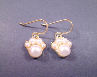 Pearl Cat Paw Earrings, White Faux Pearls, Gold Dangle Earrings, FREE Shipping