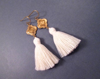 Tassel Earrings, Cream White Cotton Tassels and Raw Brass Pendants, Long Dangle Earrings, FREE Shipping