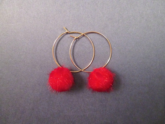 Red Fur Pom Pom Earrings – Art by Breanna Deis