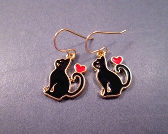 Black Cat Earrings, Red Heart and Black Cat Enamel Lacquer, Gold Dangle Earrings, FREE Shipping