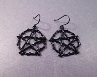 Gunmetal Black Pentagram Earrings, Symbol of Protection, Silver Dangle Earrings, FREE Shipping