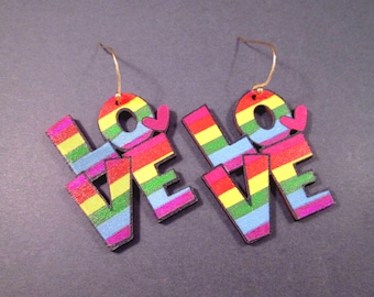 Wooden LOVE Earrings, Rainbow Pendants, Gold Dangle Earrings, FREE Shipping