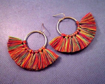 Larger Size Cotton Tassel Earrings, Rainbow Mix Fan Earrings, Gold Dangle Earrings, FREE Shipping