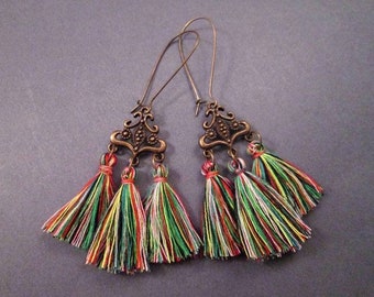 Tassel Earrings, Rainbow Cotton and Brass, Long Dangle Earrings, FREE Shipping