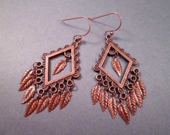 Chandelier Earrings, Fall Leaf Earrings, Long Copper Fringe Earrings, FREE Shipping