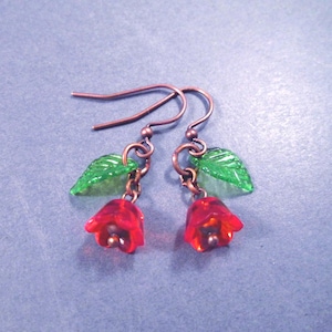 Tulip Flower Earrings, Red Acrylic Flowers and Green Leaves, Copper Dangle Earrings, FREE Shipping