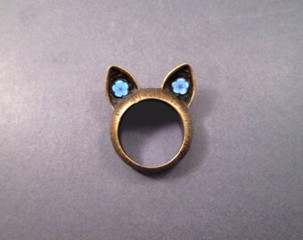 CAT Ring, Blue Polymer Clay Flowers, Bronze Cat Ears Size 7 Ring, FREE Shipping
