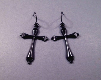 Cross Earrings, Unisex Gunmetal Black Crosses, Silver Dangle Earrings, FREE Shipping