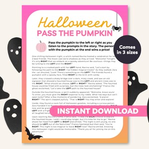 Puede incluir: Una tarjeta de juego de Halloween imprimible rosa y negra con el texto "Halloween Pass the Pumpkin" e instrucciones para un juego de fiesta. La tarjeta presenta una ilustración en blanco y negro de una calabaza y un fantasma.