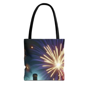 Firework Celebration Tote Bag, Starry Night Sky Market Totes, Fourth of July Beach Bag,  Patriotic Shoulder Bag,