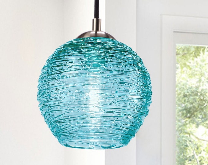Aqua Pendant Light With Spun Glass. Hand Blown Kitchen Island Etsy