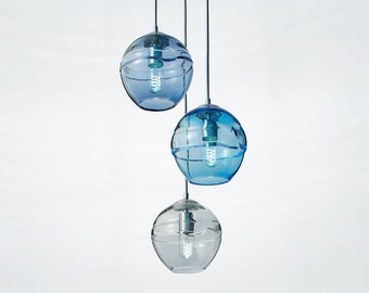 Cascading Fiona Chandelier. Blown Glass Stairway Lighting Fixture. Handmade Multi port Pendant Lights.