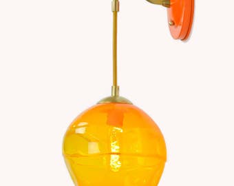 Tangerine Gebändert Mundgeblasenes Glas Runde Wandleuchte Orange Innen Industrielle Beleuchtung Handmade in USA