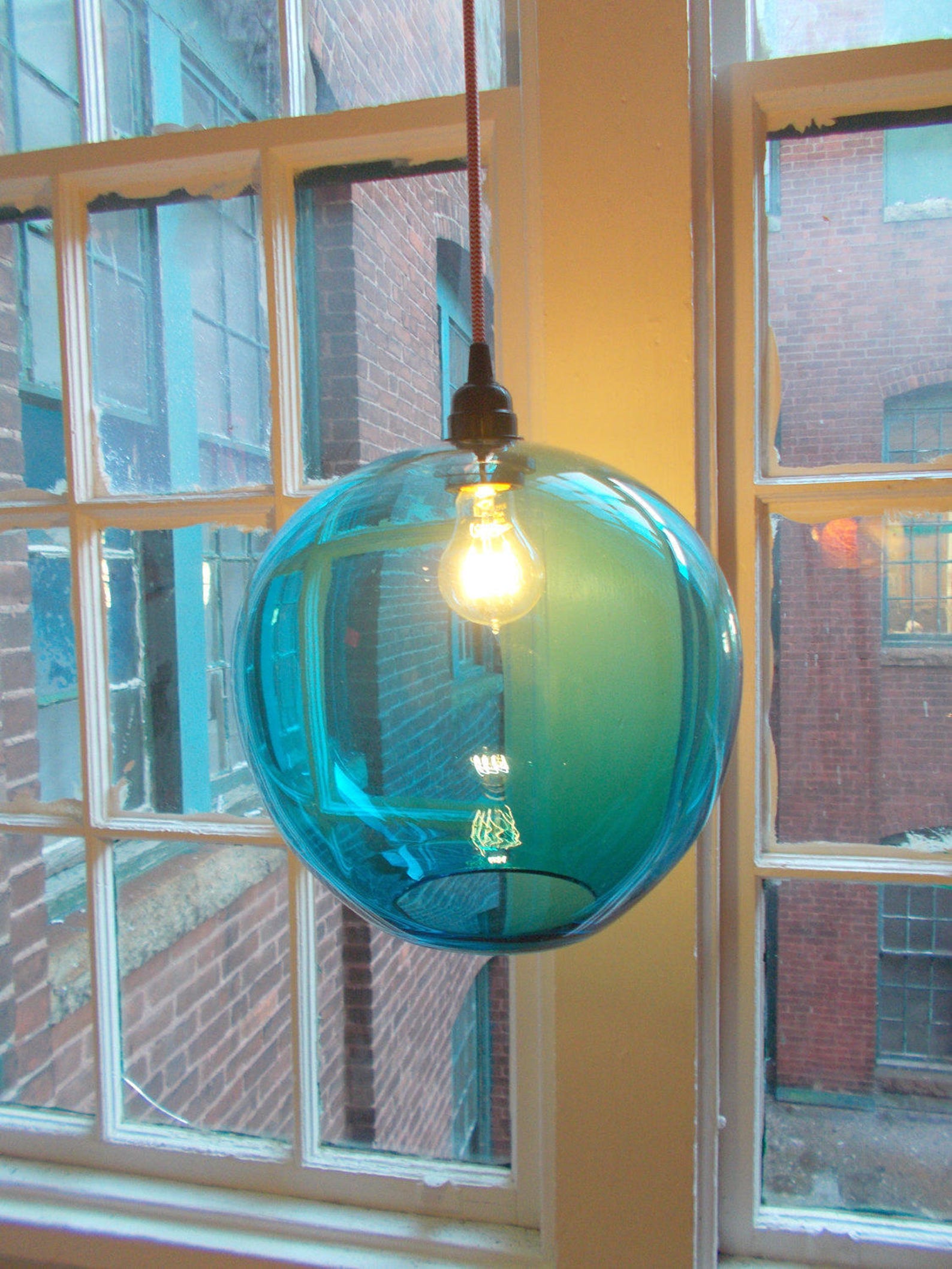 Aqua Pendant Light Hand Blown Glass Hanging Light Kitchen Etsy