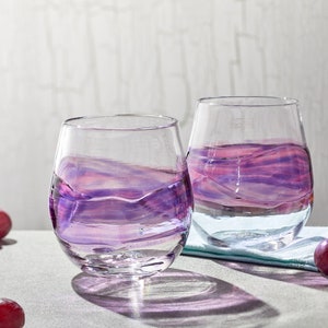 Stemless Wine Glasses Purple and Fushcia Band Hand Blown Glass. Handmade Drinking Sangria Cocktail Glass. image 1