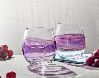 Stemless Wine Glasses |Purple and Fushcia Band | Hand Blown Glass. Handmade Drinking Sangria Cocktail Glass.