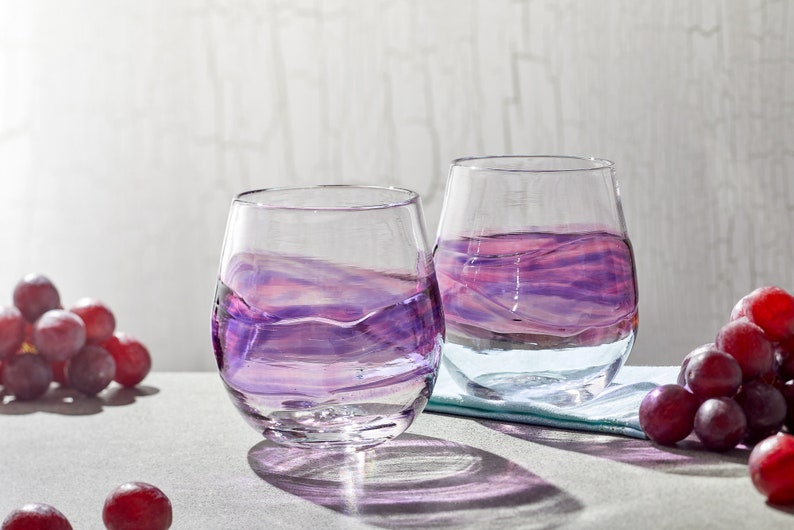 Stemless Wine Glasses Purple and Fushcia Band Hand Blown Glass. Handmade Drinking Sangria Cocktail Glass. image 1