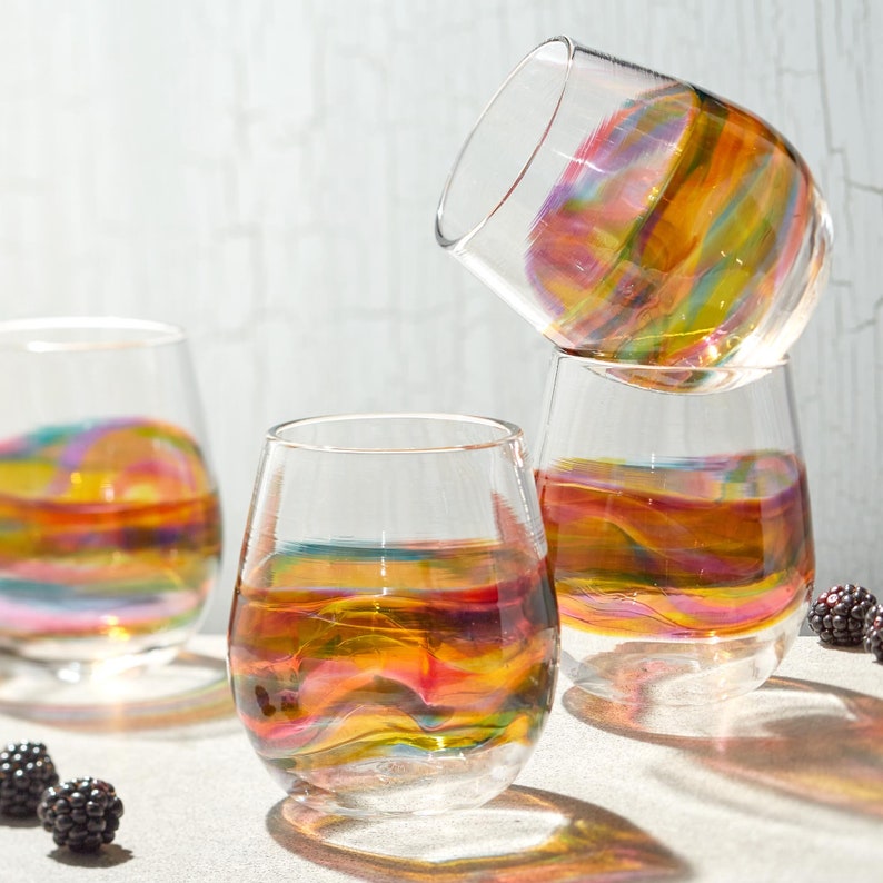 Stemless Weingläser für Cocktails, Wein oder Sangria. Handgemachte mundgeblasene Glaswaren , Barware und Gläsersets. Hergestellt auf Bestellung aus den USA. Bild 3