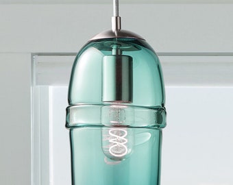 Blauwgroen koepelvormige glazen hanglamp | Handgeblazen glasverlichting | Hanglampen voor keukenplafond. Gemaakt in de VS