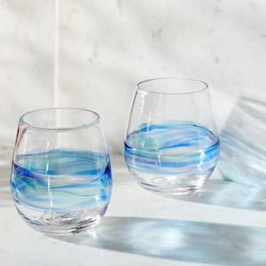 Blue Stemless Wine Glasses. Hand Blown Cocktail Drinking Glass Made in USA image 3