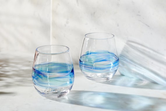 Blue Stemless Wine Glasses. Hand Blown Cocktail Drinking Glass Made in USA  