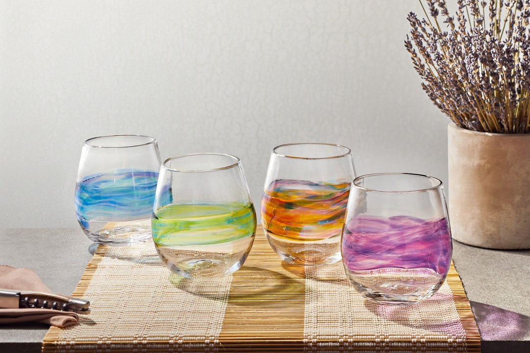 Stemless Wine Glasses |Purple and Fushcia Band | Hand Blown Glass. Handmade  Drinking Sangria Cocktail Glass.