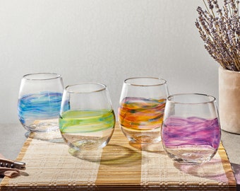 Stemless Wine Glasses in Rainbow Colors. Hand Blown Glass Cocktail , Sangria Glasses. Handmade Drinking Glasses. Wedding Registry Gifts