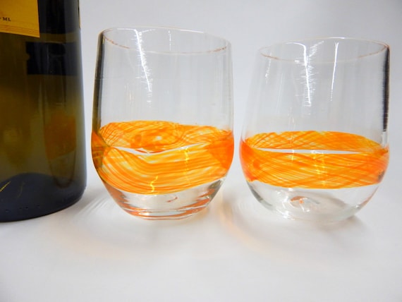 Stemless Wine Glasses With Orange/yellow Band. Hand Blown Barware, Cocktail  Glassware. Handmade Drinking Glasses Made in USA. 